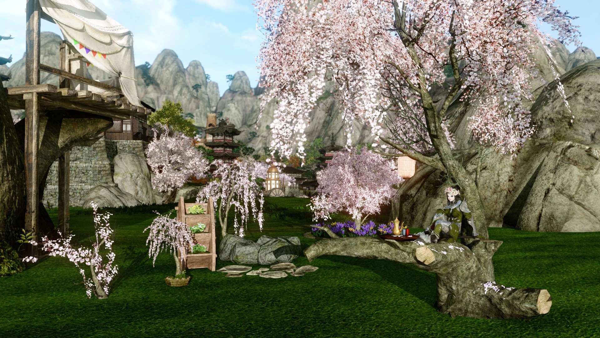 Саженец, деревце в кадке, стойка, секция садовой дорожки, родник, клумба, цветущая сакура и венок